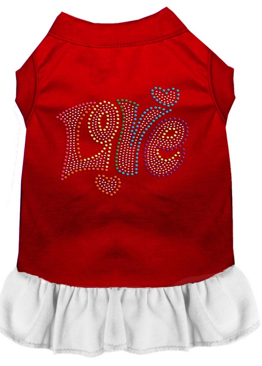 Technicolor Love Rhinestone Pet Dress Red with White XS